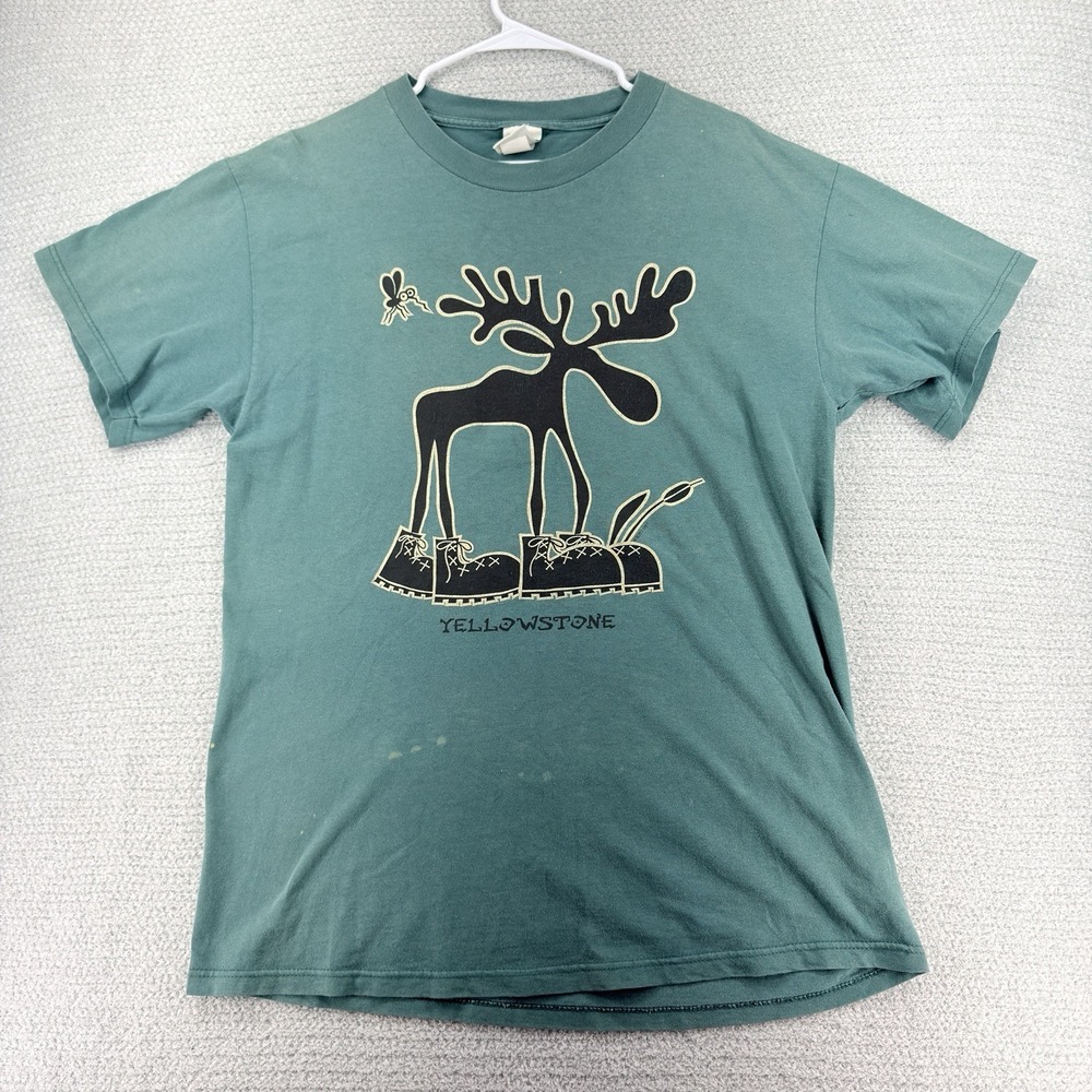 Vintage 1997 EMI Yellowstone Moose T-Shirt Size Large Green Nature Animals FLAWS